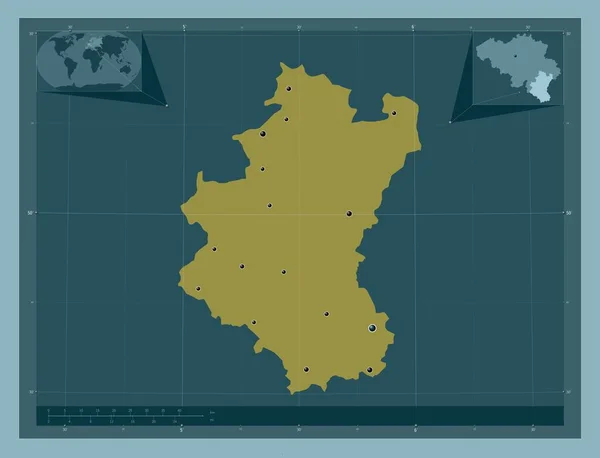 ベルギーのルクセンブルク州 しっかりした色の形 地域の主要都市の場所 コーナー補助位置図 — ストック写真