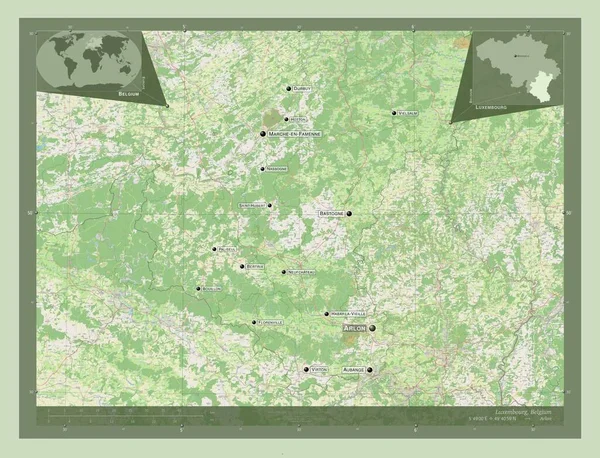 ベルギーのルクセンブルク州 ストリートマップを開く 地域の主要都市の位置と名前 コーナー補助位置図 — ストック写真