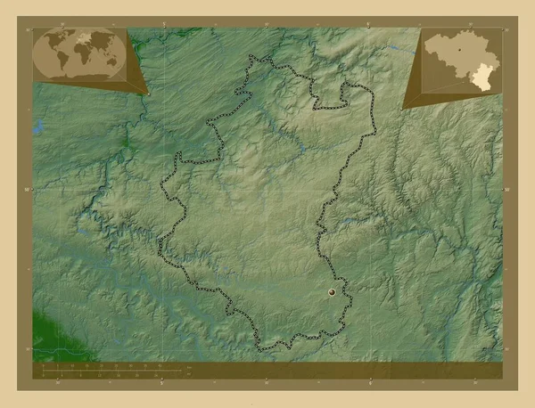 卢森堡 比利时省 有湖泊和河流的彩色高程图 角辅助位置图 — 图库照片