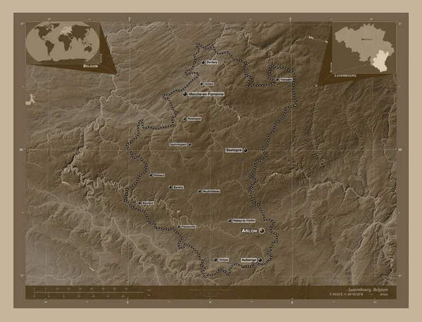 Luxembourg, province of Belgium. Elevation map colored in sepia tones with lakes and rivers. Locations and names of major cities of the region. Corner auxiliary location maps