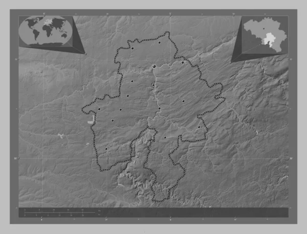 Namur Provinsen Belgien Grayscale Höjdkarta Med Sjöar Och Floder Platser — Stockfoto