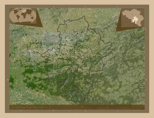 比利时省Namur 低分辨率卫星地图 该区域主要城市的所在地点 角辅助位置图 — 图库照片