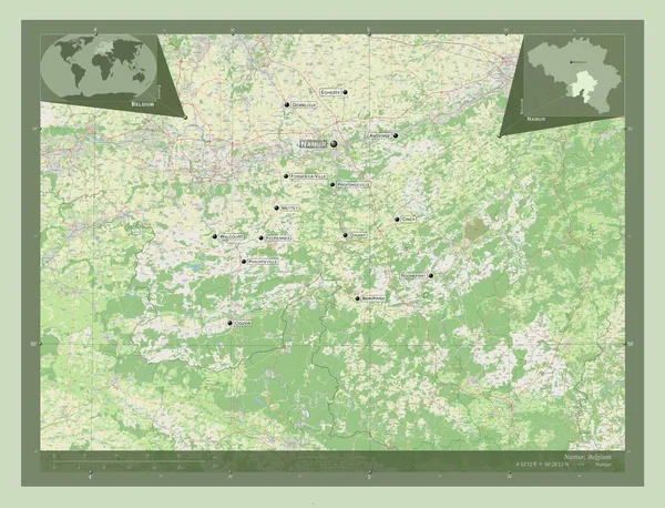 比利时省Namur 开放街道地图 该区域主要城市的地点和名称 角辅助位置图 — 图库照片
