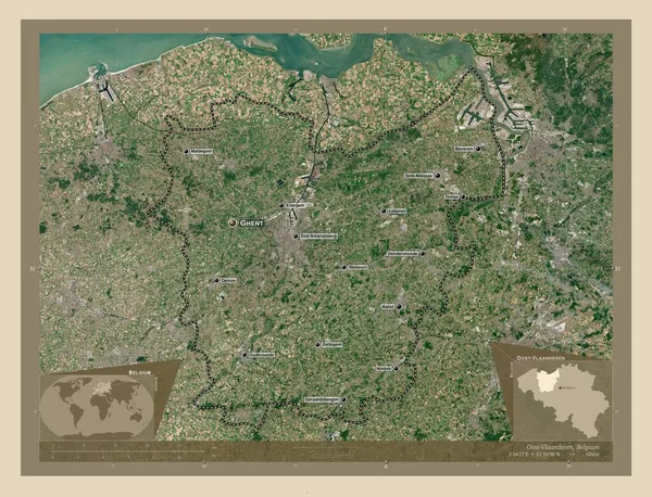 ベルギーの州 オスト ヴランドレン州 高解像度衛星地図 地域の主要都市の位置と名前 コーナー補助位置図 — ストック写真