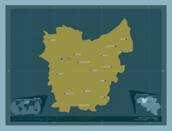 ベルギーの州 オスト ヴランドレン州 しっかりした色の形 地域の主要都市の位置と名前 コーナー補助位置図 — ストック写真