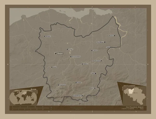 Oost Vlaanderen Prowincja Belgii Mapa Elewacji Kolorowe Sepia Dźwięki Jeziorami — Zdjęcie stockowe