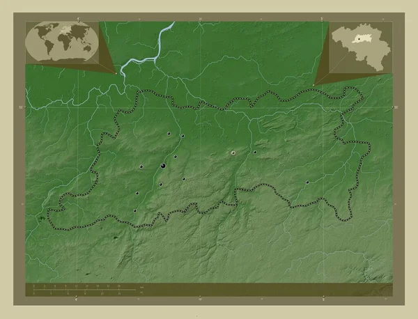 ベルギー ブラバント州のウラムス ブラバント 湖や川とWikiスタイルで着色された標高マップ 地域の主要都市の場所 コーナー補助位置図 — ストック写真