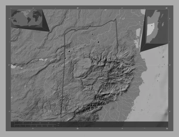 ベリーズ地区のカヨ 湖や川と二階の標高マップ 地域の主要都市の場所 コーナー補助位置図 — ストック写真