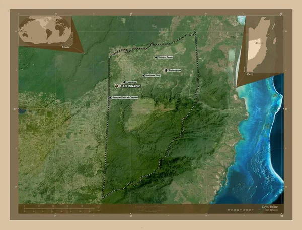 ベリーズ地区のカヨ 低解像度衛星地図 地域の主要都市の位置と名前 コーナー補助位置図 — ストック写真