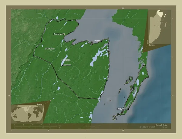 Corozal Dzielnica Belize Mapa Wzniesień Kolorowa Stylu Wiki Jeziorami Rzekami — Zdjęcie stockowe