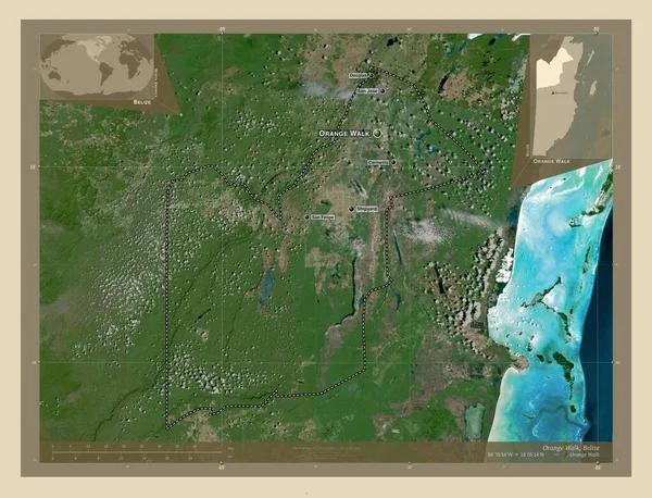 オレンジウォーク ベリーズの地区 高解像度衛星地図 地域の主要都市の位置と名前 コーナー補助位置図 — ストック写真