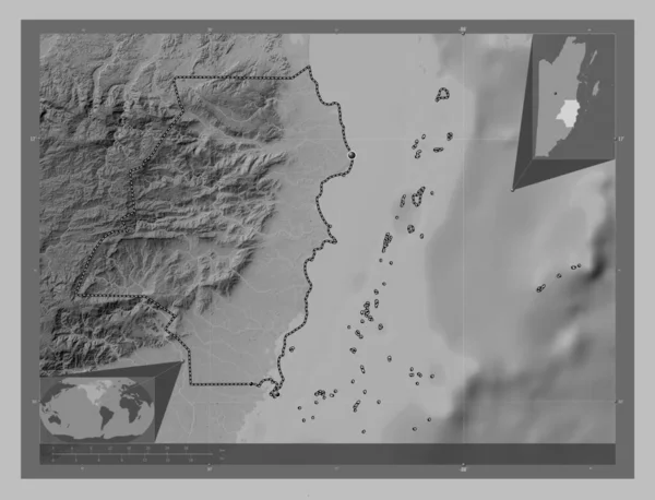 Stann Creek District Belize Grayscale Elevation Map Lakes Rivers Locations — Stock Photo, Image