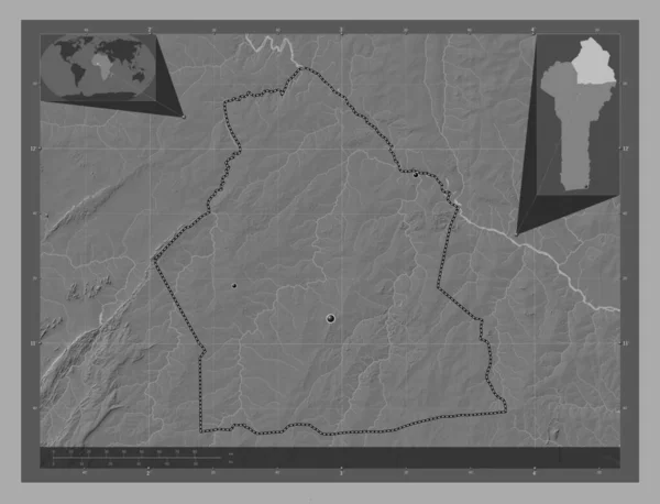 Alibori 贝宁省 带湖泊和河流的比尔维尔高程图 该区域主要城市的所在地点 角辅助位置图 — 图库照片