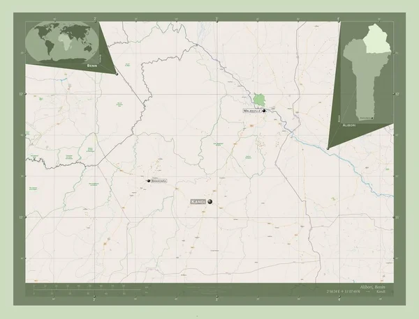 Alibori 贝宁省 开放街道地图 该区域主要城市的地点和名称 角辅助位置图 — 图库照片