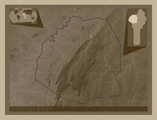 Атакора Департамент Бенина Карта Высоты Окрашенная Сепиевые Тона Озерами Реками — стоковое фото