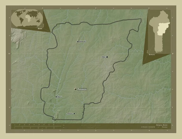 Borgou Oddělení Beninu Zdvihová Mapa Zbarvená Stylu Wiki Jezery Řekami — Stock fotografie