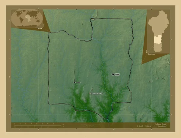 Collines Departament Beninu Kolorowa Mapa Wzniesień Jeziorami Rzekami Lokalizacje Nazwy — Zdjęcie stockowe