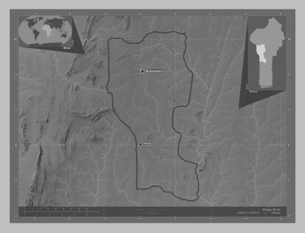 Donga Department Benin Grayscale Elevation Map Lakes Rivers Locations Names — Stock Photo, Image