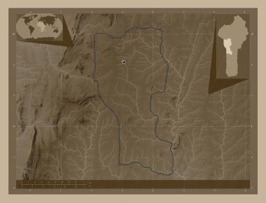 Donga, Benin Departmanı. Yükseklik haritası sepya tonlarında göller ve nehirlerle renklendirilmiş. Bölgenin büyük şehirlerinin yerleri. Köşedeki yedek konum haritaları
