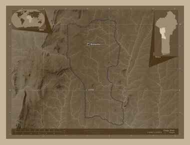 Donga, Benin Departmanı. Yükseklik haritası sepya tonlarında göller ve nehirlerle renklendirilmiş. Bölgenin büyük şehirlerinin yerleri ve isimleri. Köşedeki yedek konum haritaları