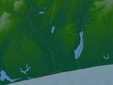 Mono, Benin Bölümü. Gölleri ve nehirleri olan renkli yükseklik haritası
