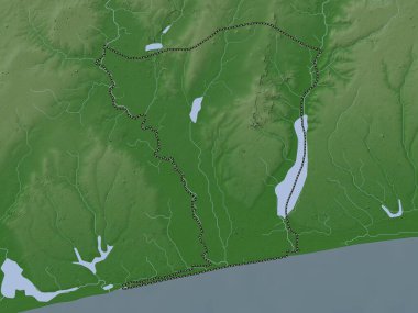 Mono, Benin Bölümü. Yükseklik haritası göller ve nehirlerle wiki stilinde renklendirilmiştir