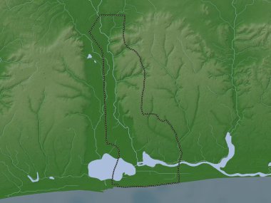 Oume, Benin Departmanı. Yükseklik haritası göller ve nehirlerle wiki stilinde renklendirilmiştir