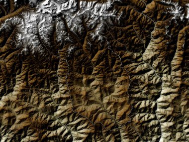 Bumthang, Bhutan bölgesi. Yükseklik haritası göller ve nehirlerle wiki stilinde renklendirilmiştir