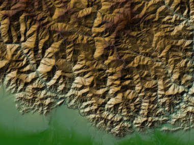 Chhukha, Butan bölgesi. Gölleri ve nehirleri olan renkli yükseklik haritası