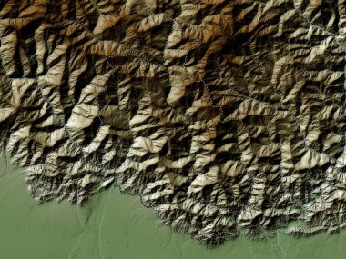 Chhukha, Butan bölgesi. Yükseklik haritası göller ve nehirlerle wiki stilinde renklendirilmiştir