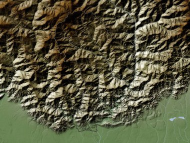 Dagana, Butan bölgesi. Yükseklik haritası göller ve nehirlerle wiki stilinde renklendirilmiştir