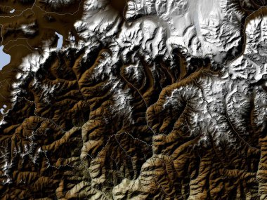 Gasa, Butan bölgesi. Yükseklik haritası göller ve nehirlerle wiki stilinde renklendirilmiştir