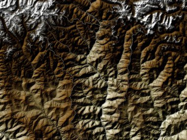 Lhuentse, Butan bölgesi. Yükseklik haritası göller ve nehirlerle wiki stilinde renklendirilmiştir