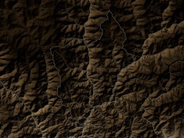 Monggar, Butan bölgesi. Yükseklik haritası sepya tonlarında göller ve nehirlerle renklendirilmiş