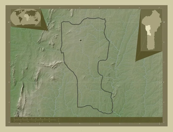 Donga Departament Beninu Mapa Wzniesień Kolorowa Stylu Wiki Jeziorami Rzekami — Zdjęcie stockowe