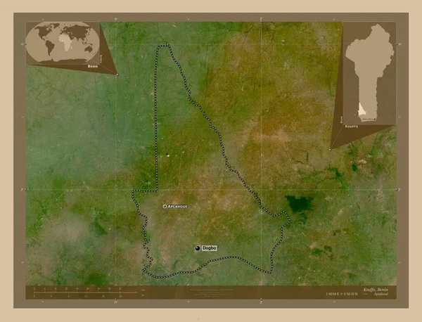 コフォベニン省だ 低解像度衛星地図 地域の主要都市の位置と名前 コーナー補助位置図 — ストック写真
