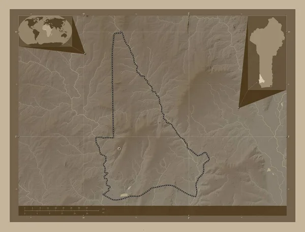 Kouffo Departament Beninu Mapa Elewacji Kolorowe Sepia Dźwięki Jeziorami Rzekami — Zdjęcie stockowe