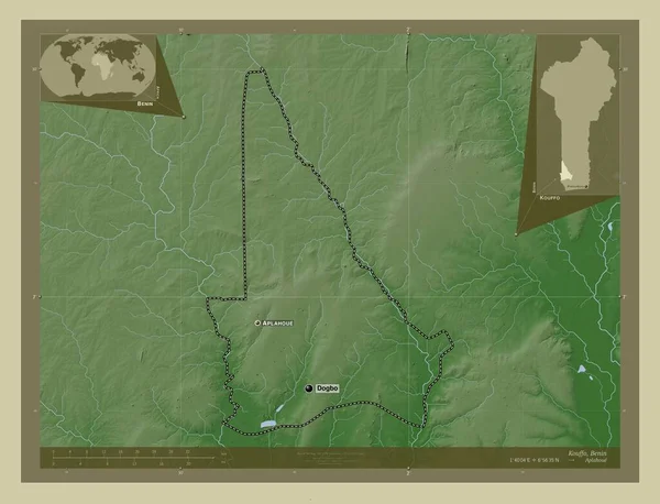 コフォベニン省だ 湖や川とWikiスタイルで着色された標高マップ 地域の主要都市の位置と名前 コーナー補助位置図 — ストック写真