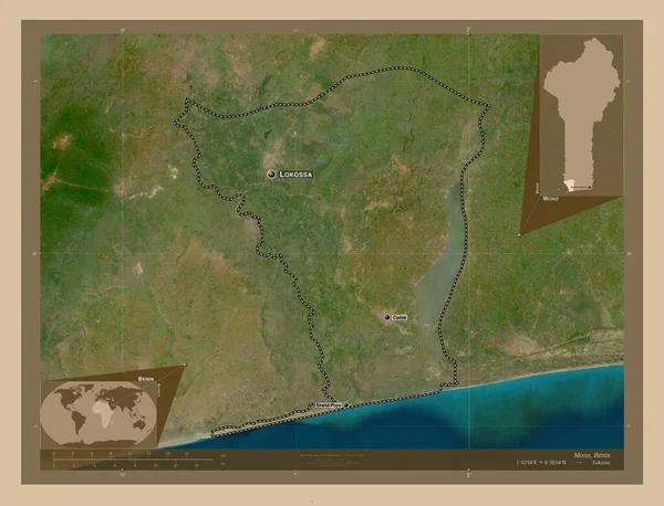 モノベナンの部署 低解像度衛星地図 地域の主要都市の位置と名前 コーナー補助位置図 — ストック写真