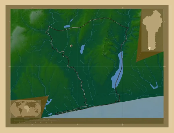 Mono 贝宁省 有湖泊和河流的彩色高程图 角辅助位置图 — 图库照片