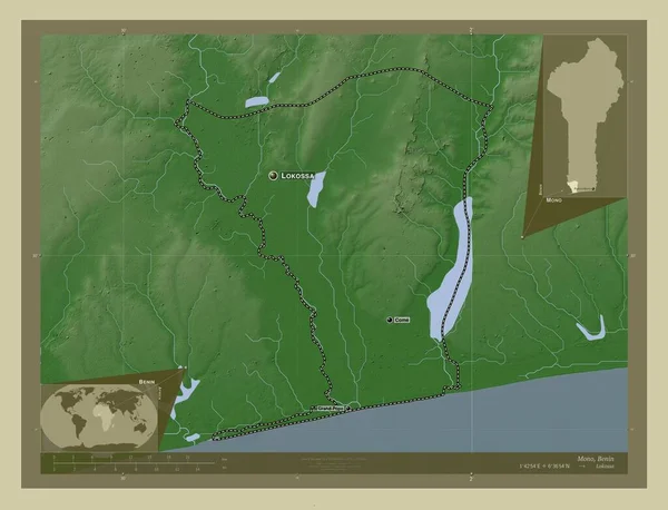 Mono Oddělení Beninu Zdvihová Mapa Zbarvená Stylu Wiki Jezery Řekami — Stock fotografie