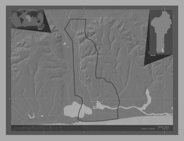 Oueme Department Benin Bilevel Elevation Map Lakes Rivers Locations Names — Stock Photo, Image