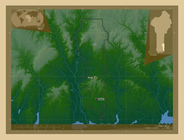 ベナンの部門 湖や川と色の標高マップ 地域の主要都市の位置と名前 コーナー補助位置図 — ストック写真