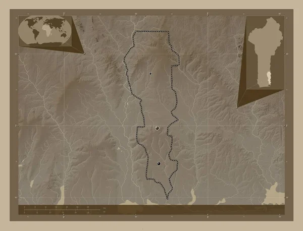 Плато Департамент Бенина Карта Высоты Окрашенная Сепиевые Тона Озерами Реками — стоковое фото