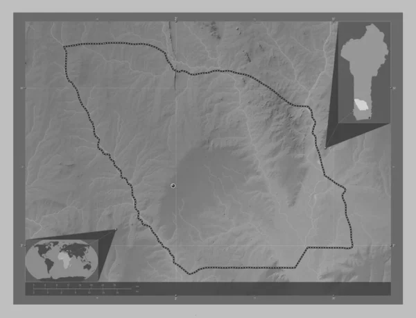 Zou Department Benin Grayscale Elevation Map Lakes Rivers Corner Auxiliary — Stock Photo, Image