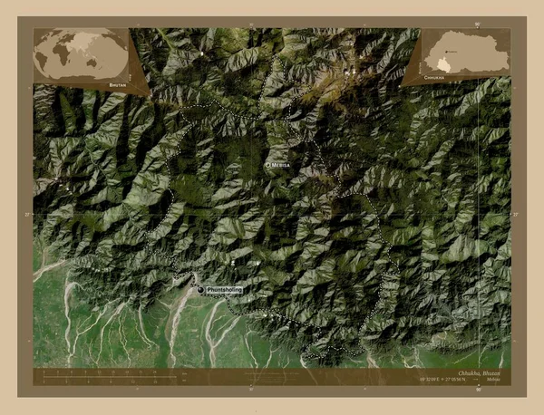 Chhukha Distrito Bután Mapa Satelital Baja Resolución Ubicaciones Nombres Las —  Fotos de Stock