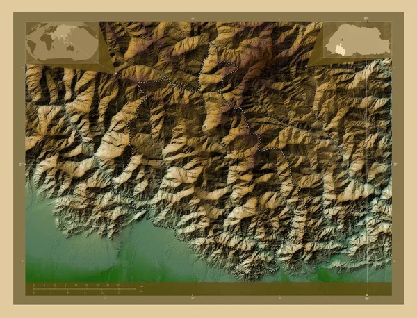 Chhukha Distrito Bután Mapa Elevación Colores Con Lagos Ríos Mapas —  Fotos de Stock
