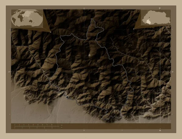 Chhukha District Bhutan Hoogtekaart Gekleurd Sepia Tinten Met Meren Rivieren — Stockfoto