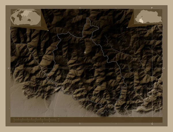 Chhukha Distrito Bután Mapa Elevación Coloreado Tonos Sepia Con Lagos —  Fotos de Stock