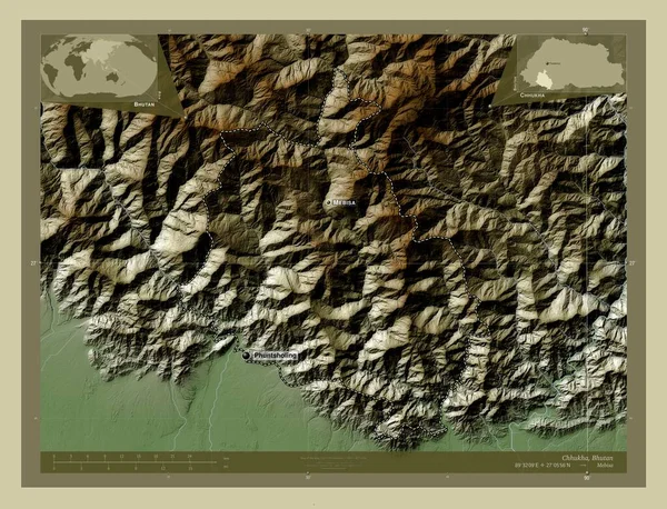 Chhukha Okres Bhútán Zdvihová Mapa Zbarvená Stylu Wiki Jezery Řekami — Stock fotografie